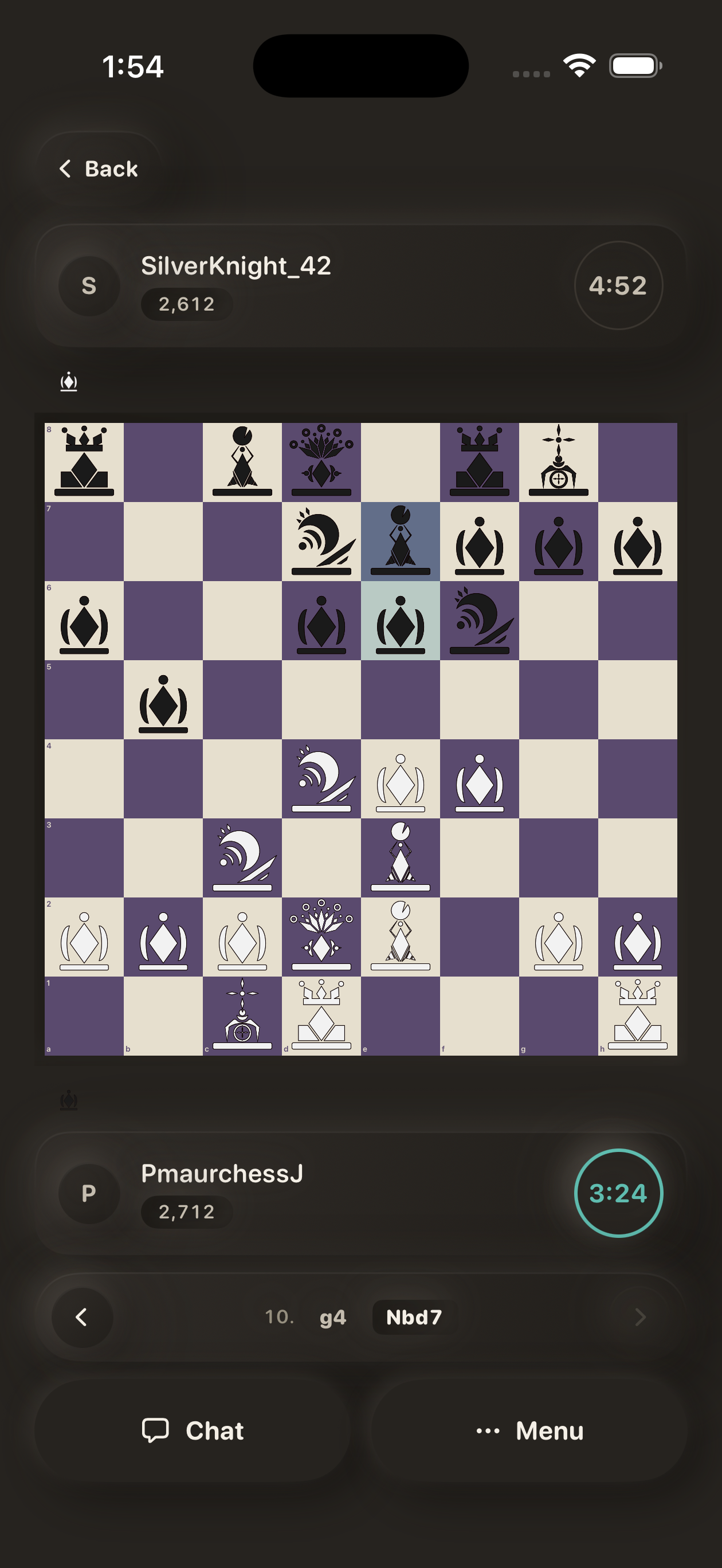 A Maurchess game in progress on iPhone: opponent card and clock above the board, your clock and move list below.