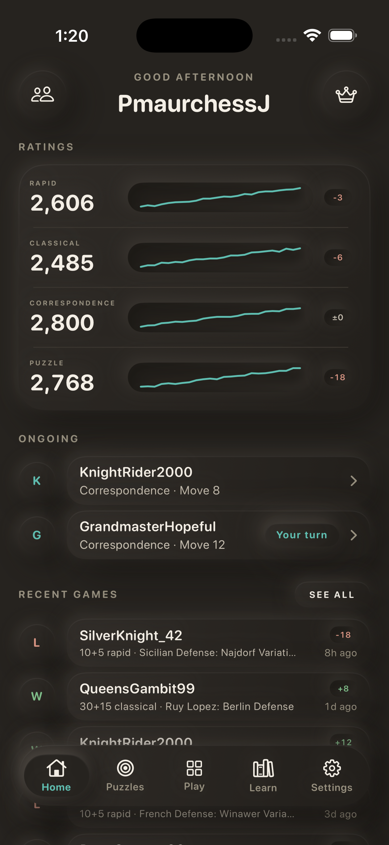 The Maurchess home screen: ratings with trend lines, ongoing correspondence games, and recent results.