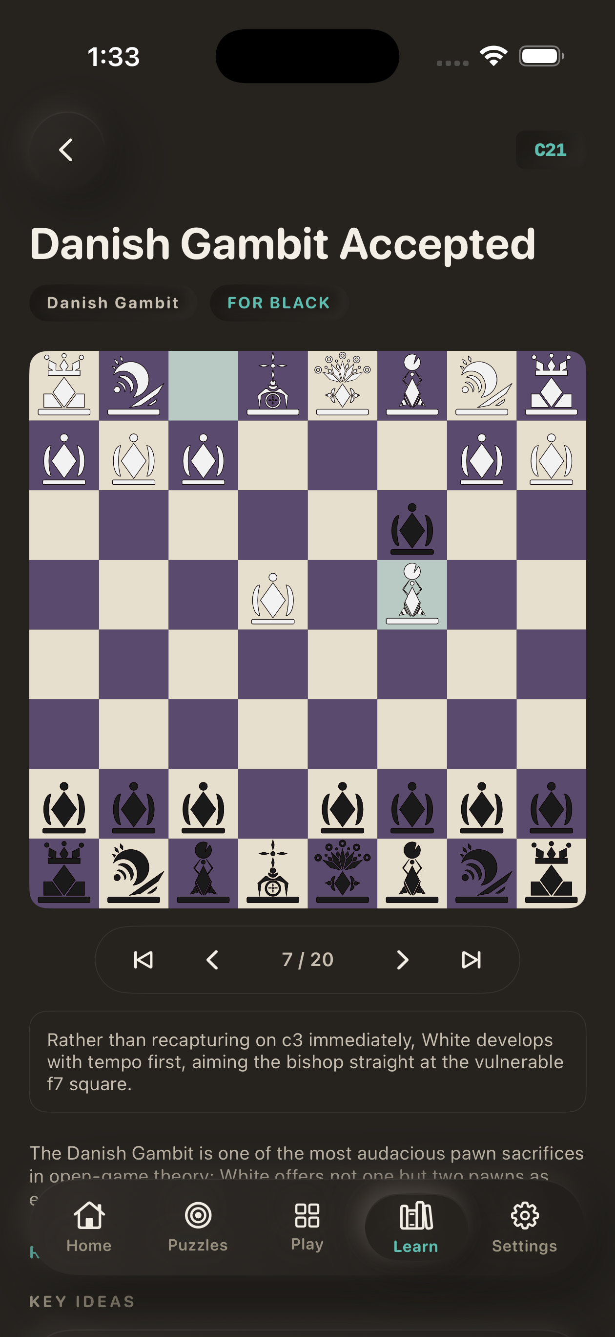 An opening study in Maurchess, stepping through the Danish Gambit move by move with a written note for each move.