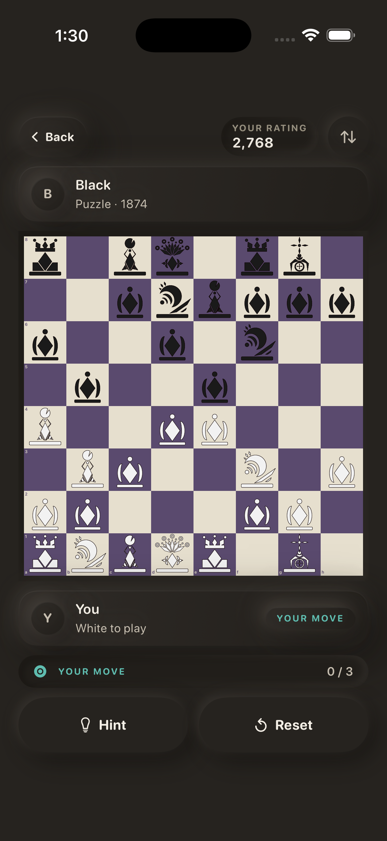A Maurchess puzzle with the board at full size and hint and reset buttons beneath it.